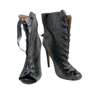 Velvet‎ Open Toe Ankle Booties Gray Lace Up Ribbon High Heel Women Shoes